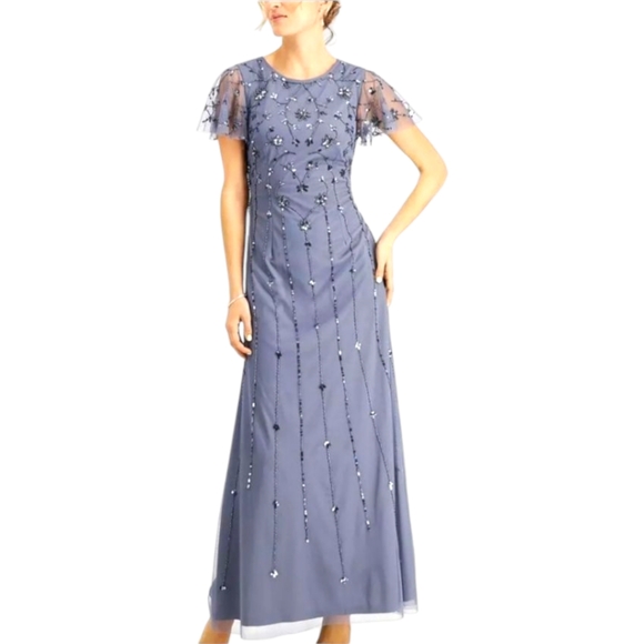 Adrianna Papell Dresses & Skirts - Adrianna Papell Women's Formal Dress Size 6 Dusty‎ Blue Beaded Short Sleeve Gown